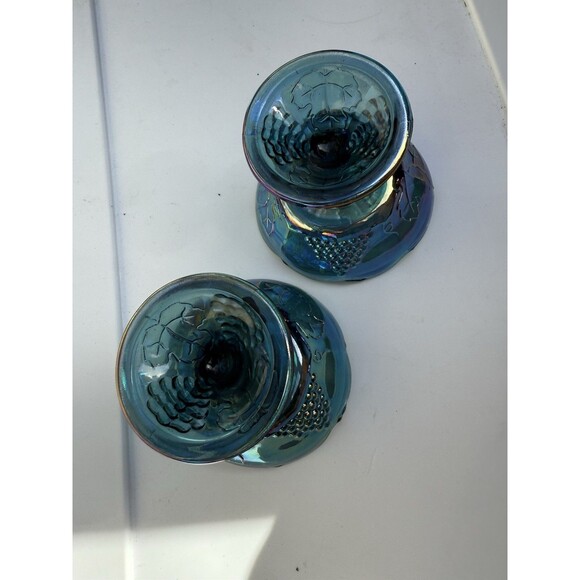 Blue Carnival Glass Harvest Grape Candle Holders - Picture 6 of 8